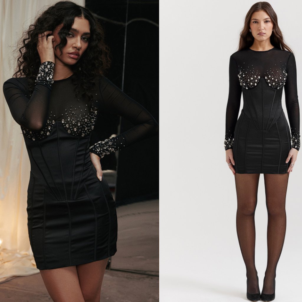House Of Cb 'Anastasia' Black Crystallised Corset Dress Nwot